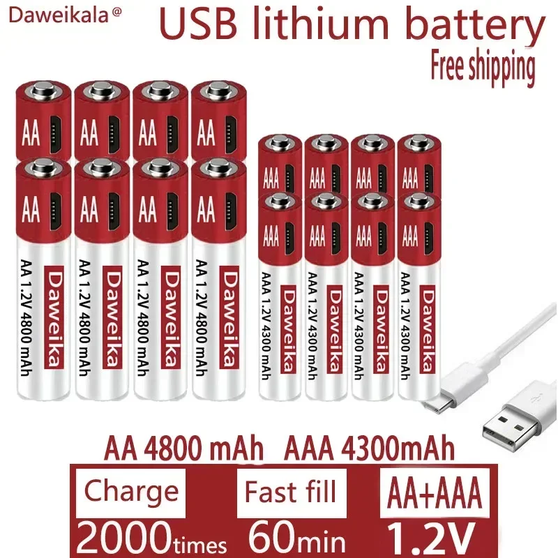 AA + AAA USB شحن 1.2 فولت AA 4800 مللي أمبير بطارية ليثيوم قابلة للشحن التحكم عن بعد لعبة الماوس البطارية