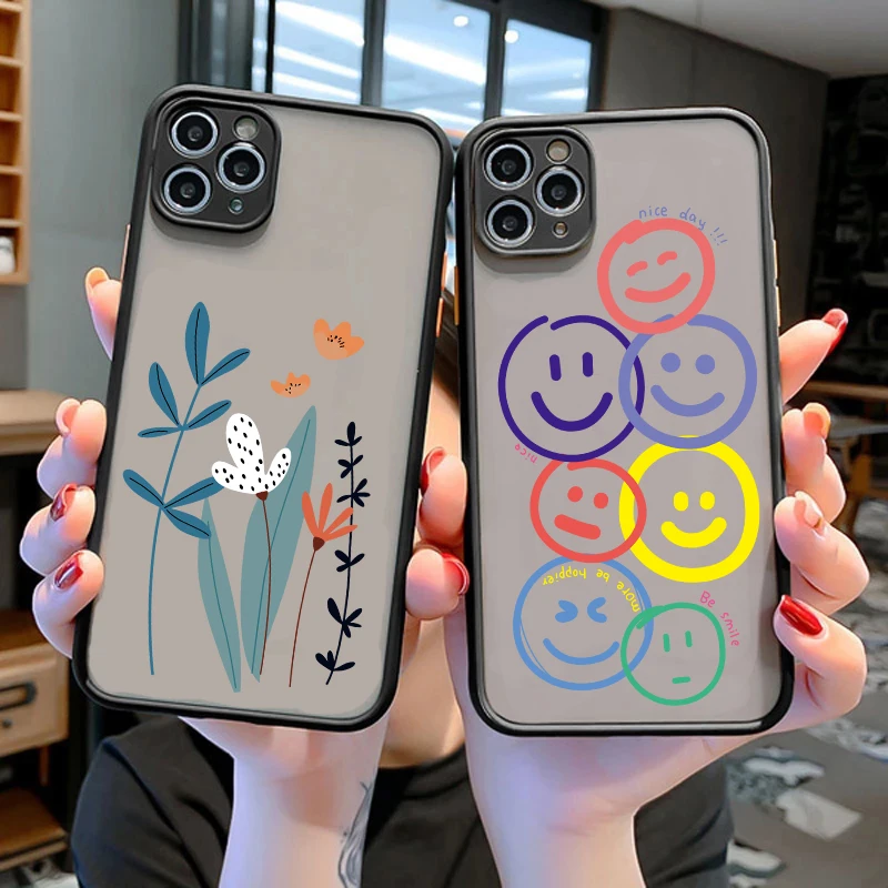 Luxury Flower Case For iPhone 13 Mini 11 12 13 14 15 Pro Max X XR XS Max 7 8 14 15 Plus Soft PC Bumper Matte Smiley Back Cover