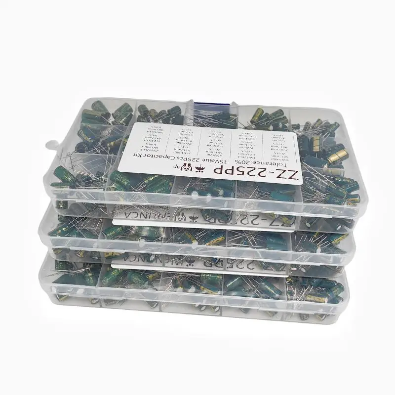 225Pcs/Box Capacitor Kit Aluminum Electrolytic Capacitors Set 15Values 16V-50V 1uF-470uF Assorted Kit Storage Low ESR