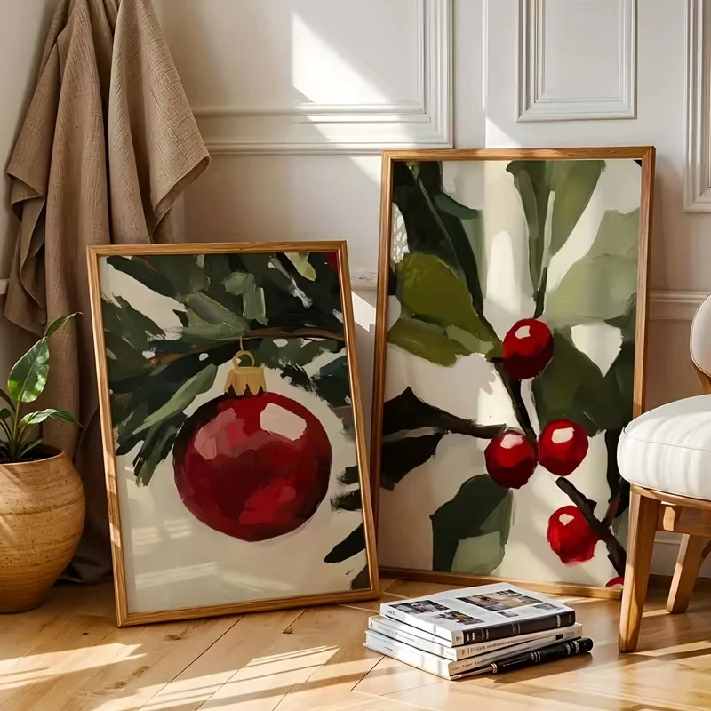 

2pcs Neutral Farmhouse Christmas Decoration Retro Wall Paintings, Winter Festival Paintings, Christmas Printed Canvas Posters