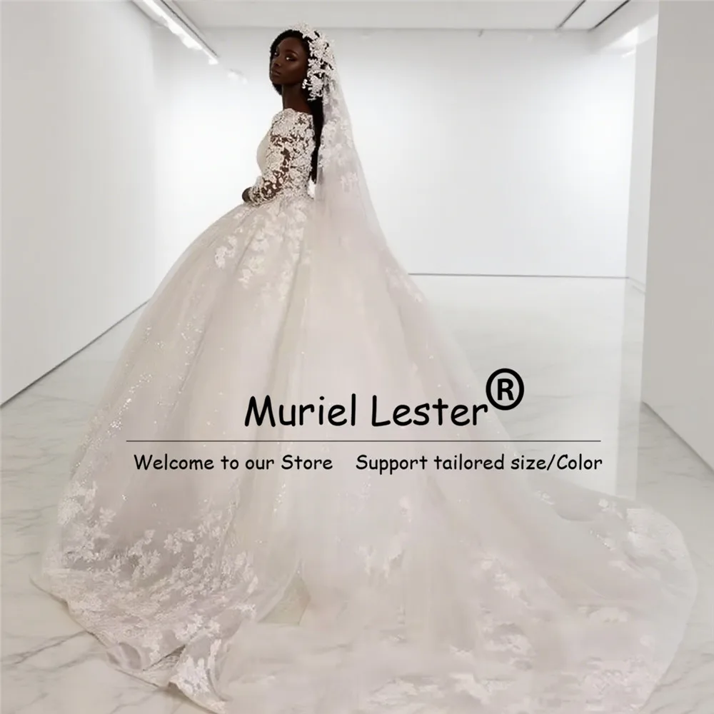 Błyszczące suknie ślubne z tiulu i koronki z aplikacjami dla czarnoskórych dziewcząt, szyte na miarę, z długimi rękawami, suknie balowe, luksusowe suknie ślubne z koralikami.