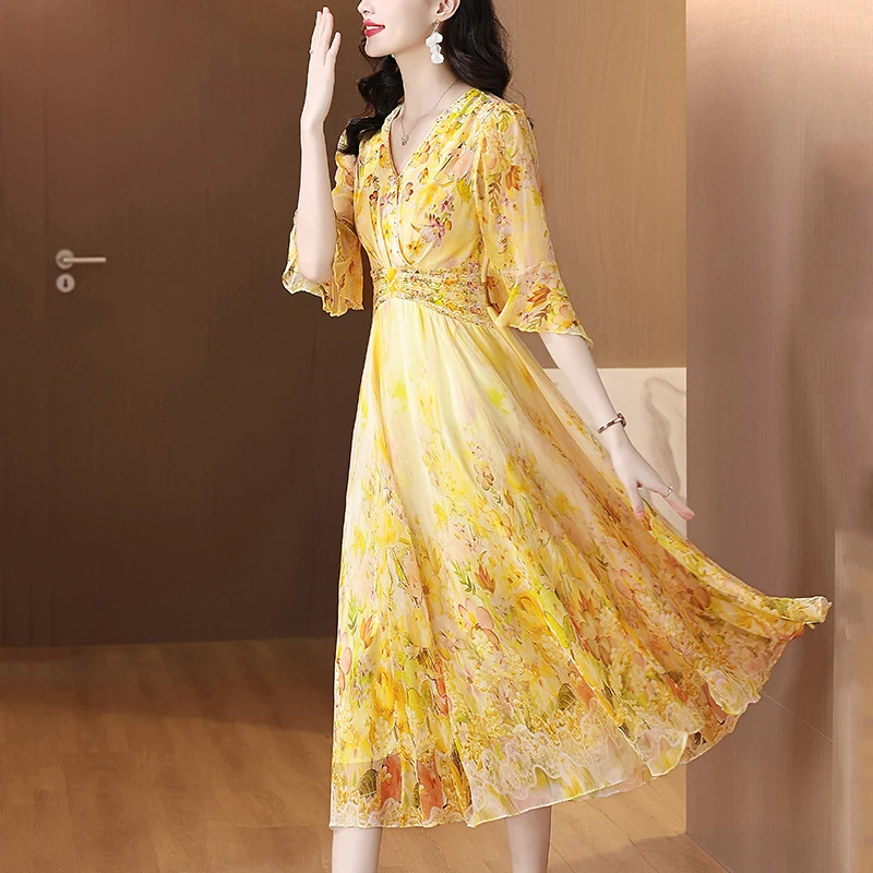 Summer Luxury Vacation Fashion Elegant Maxi Dress New Dance Party Yellow Dress 2024 Women Boho Beach Floral Silk Casual Vestidos