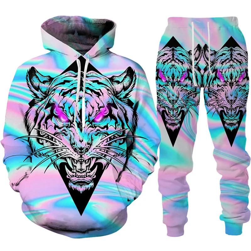 Cool Tiger 3D Animal Print Hoodie+Pants Suit Long Sleeve Pullover Men\'s Sportswear Tracksuit Couple Outfit Two Piece Jogging Set