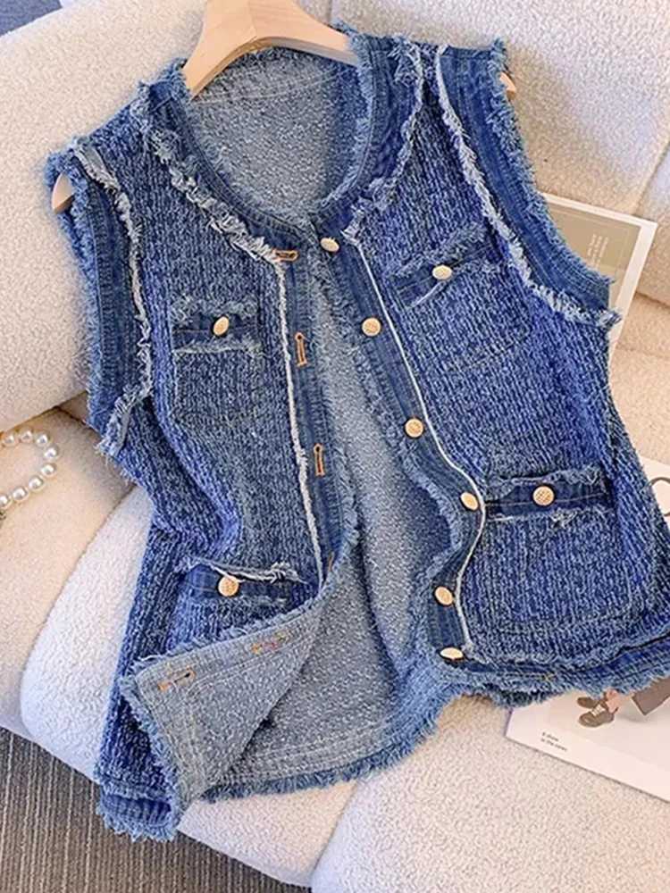 

Elegant Lady Vests Blue Spring Autumn Flow Sleeveless Tank Top Coat Women Single Breasted Plaid Denim Vest with Tassel