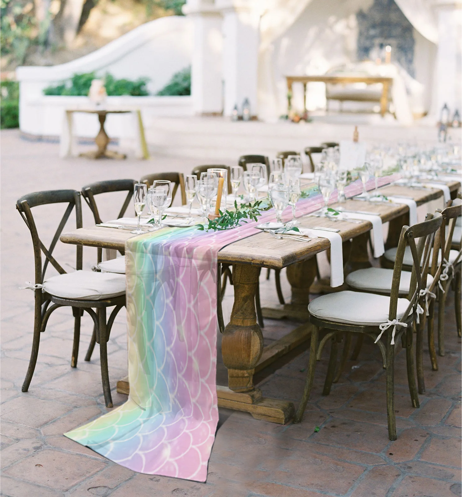 Mermaid Scales Ocean Rainbow Sheer Chiffon Table Runner Country Wedding Party Birthday Tulle Voile Table Cloth Home Decoration