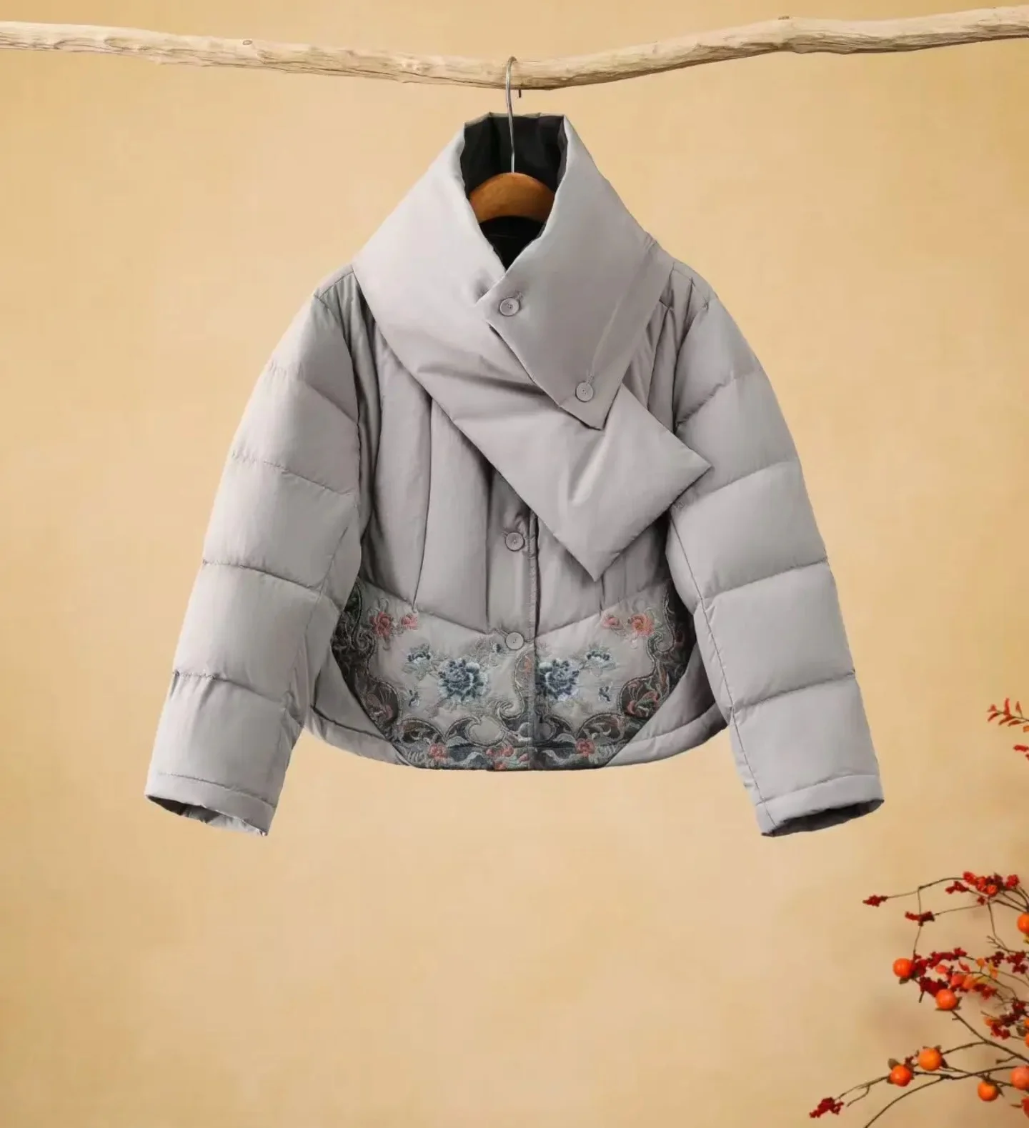 Chinese style down jacket Original embroidered scarf two-piece warm Lightweight puffer winter women's jacket
