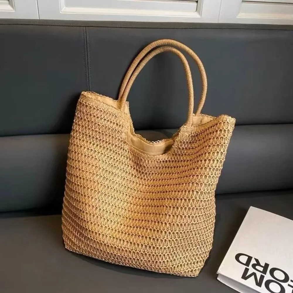 Portable Straw Tote Bag Large Capacity Solid Color Beach Handbag Travel Handbag Women