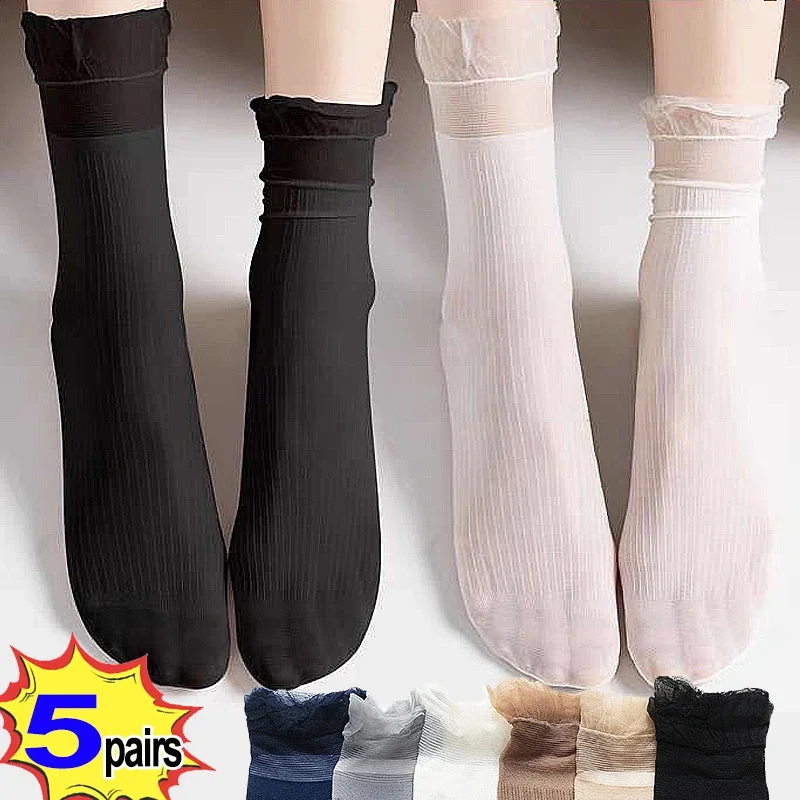 5pairs Summer Velvet Ultra-thin Crystal Silk Socks Women Vintage Ruffled Fringe Transparent Stockings Lace Elegant Ballet Sox