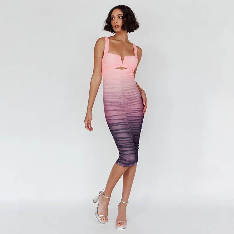 

Mesh Gradient Slim Sexy Sling Midi Dress Women 2023 Summer Zipper Sleeveless Backless Bodycon Vestidos Party Club Dating Outfits