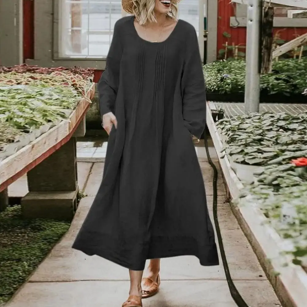 2023 Cotton Linen Long Sleeve Women Dress Solid Color Maxi Dress Big Hem Pockets Loose A-line Silhouette Round Neck Long Dress