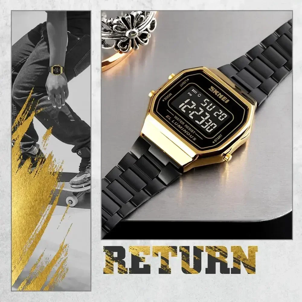 SKMEI 1647 Casual Simple Mens Wristwatches Stainless Steel Band Waterproof Watch Men reloj hombre Retro LED Digital Male Watches image 3
