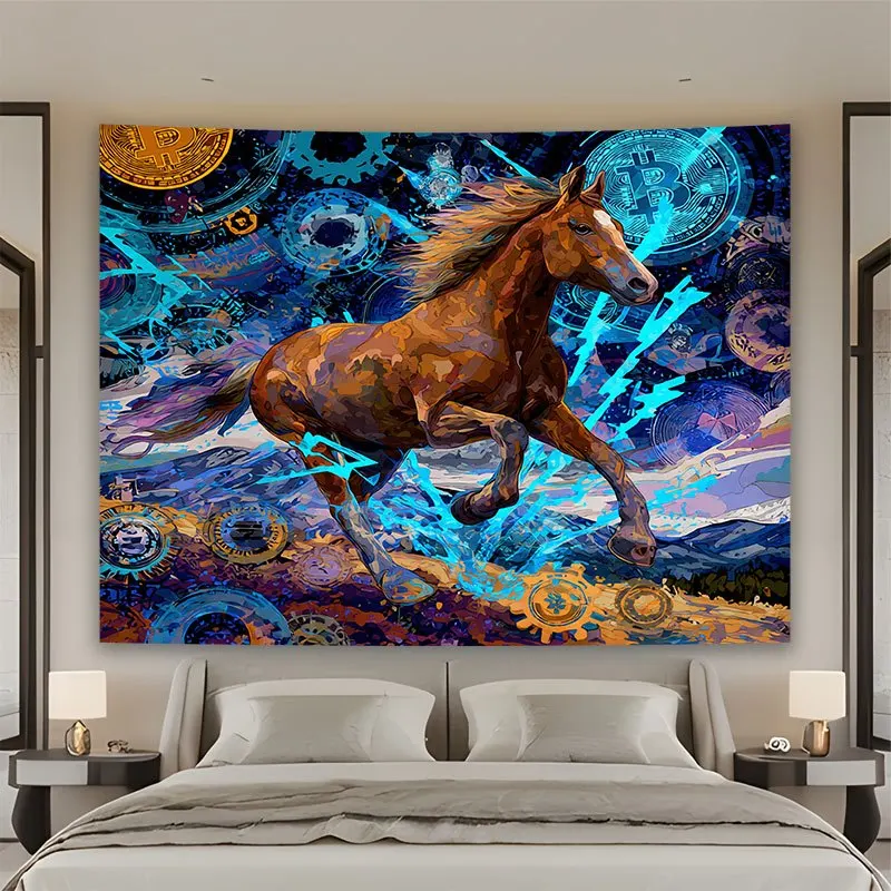 Large Crypto Bitcoin Horse Tapestry Wall Art Digital Cyberpunk Stallion Neon Tech Wall Hanging 150x300cm