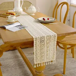 Cotton Lace Boho Beige Table Runner Farmhouse Style Vintage Home Bridal Shower Country Wedding Party Coffee Dining Table Decor