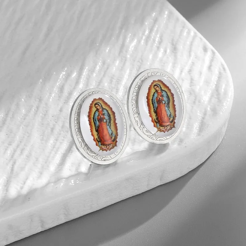 Stylish Catholic Virgin Mary Oval Stainless Steel Earrings Lucky Exorcism Amulet Jewelry for Mom