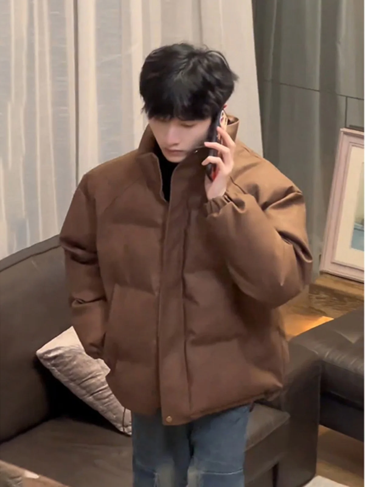 

Cleanfit Brown down Cotton Jaet Men's Winter Merald Matte Leather Coat Stand Collar Workwear Bread Sle Warmth Outerwear