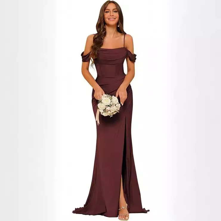 Abito da damigella d'onore in raso con spalle scoperte, scollo a cappuccio, arricciato, con spacco alto, modello a sirena, lungo, per feste di matrimonio ed eventi formali