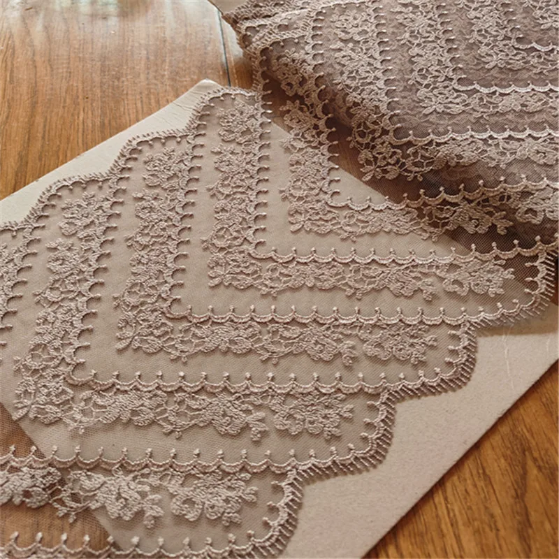 

15Yds/Lot 22cm Wide Transparent Mesh Beige Mirror Flower Embroidery Lace Trim For Garments,Underwear,Doll Decoration