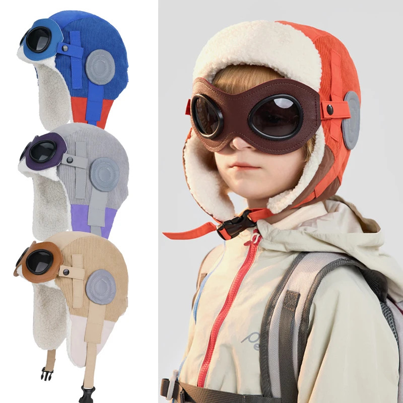 

Зимняя детская лыжная шапка со съемными очками, детская шапка-авиатор в стиле ретро для девочек и мальчиков, детская шапка с флисовой подкладкой, От 4 до 10 лет