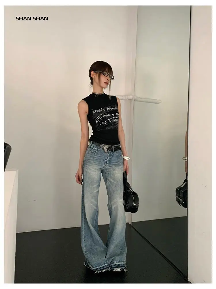 Yedinas Streetwear Jeans Women Wide Leg Pants Denim Trousers Korean Fashion Hip Hop Vintage Designer Y2k Blue Washed Jeans Chic