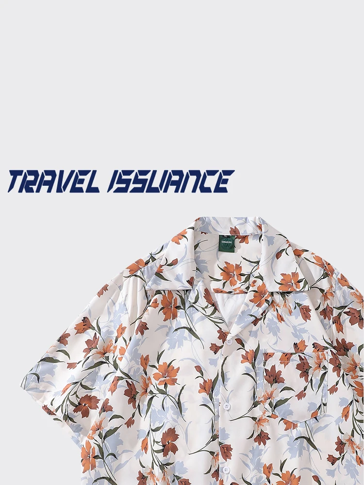 

Travel Issuance Autumn Color Loose Short Sleeve Shirt Vintage Hong Kong Style Plant Print Summer BF Casual Wear