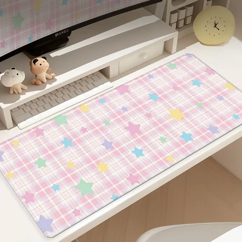 Leather Desk Pad Protector Full Screen Pink Grid Star Y2K Girl Mouse Pad Office Desk Mat Waterproof Non-Slip PU Desk Blotter Pad
