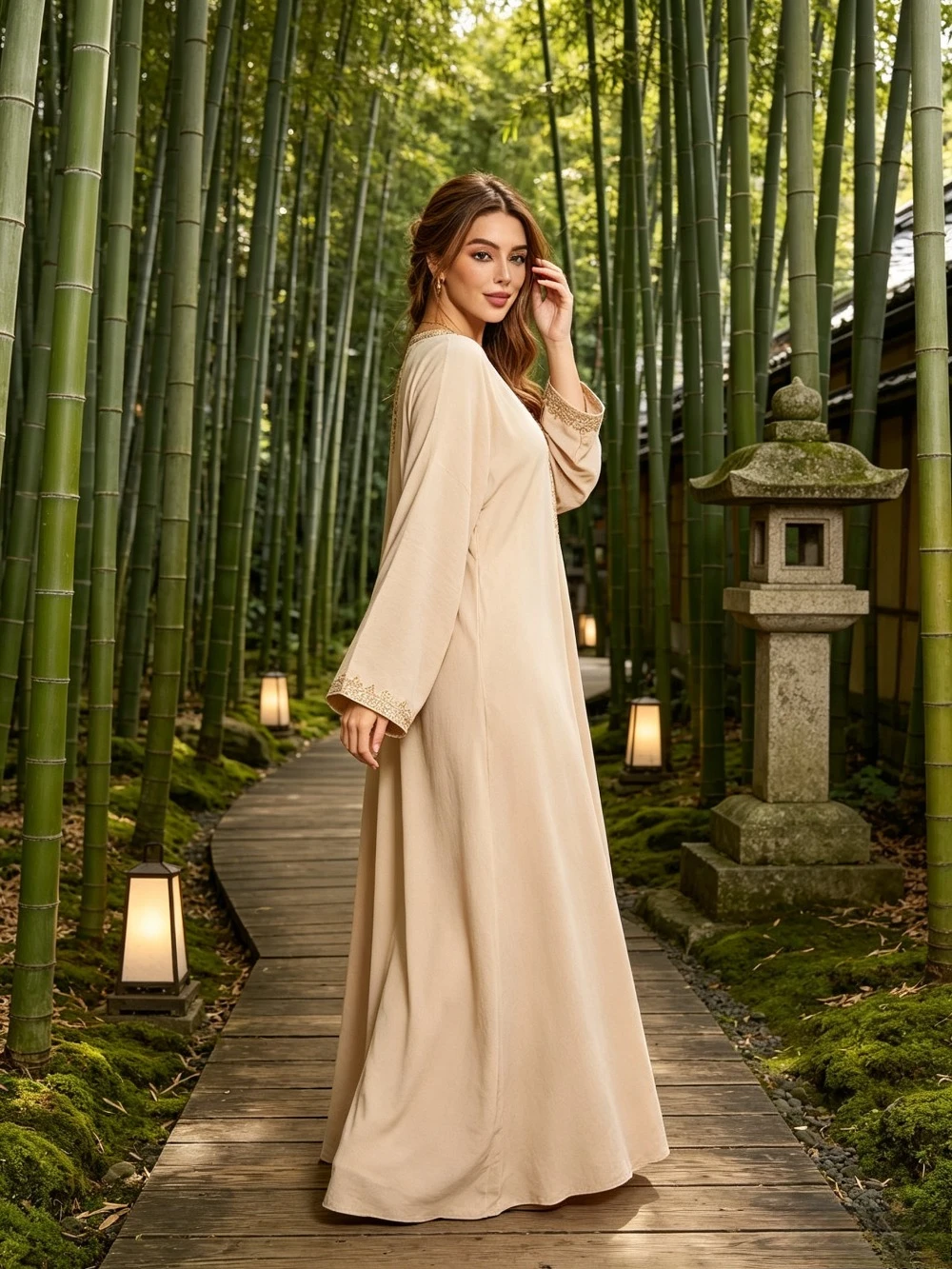 Customized Beige Conservative Long Sleeved Abaya Long Dress V Collar Straight Tube Muslim Evening Dress Suitable for Ceremonies
