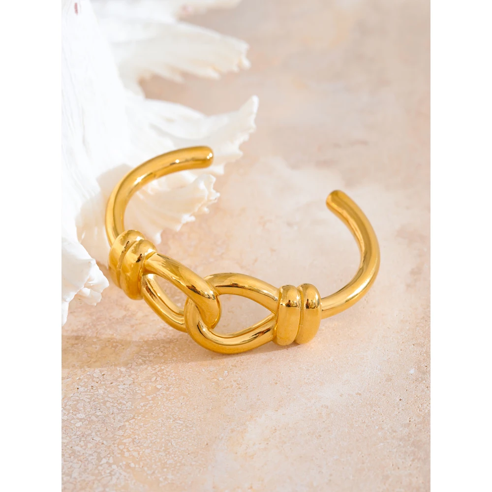 Yhpup Statement Stainless Steel Heavy Metal Knot Cuff Open Golden Bracelet Bangle 18k Gold Color Tarnish Resistant Jewelry