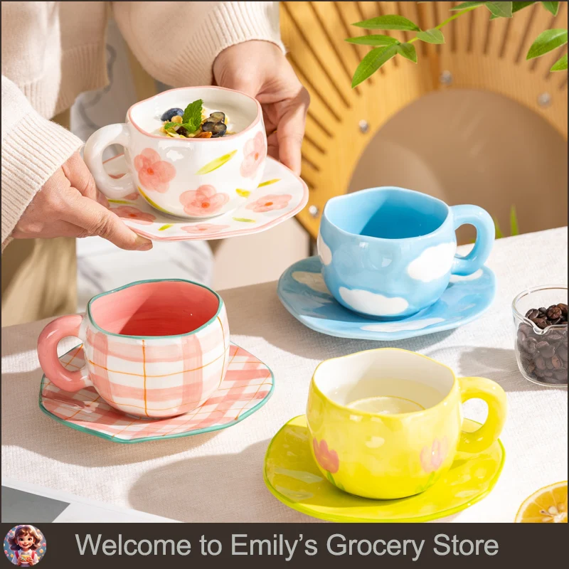 

Small Fresh and Creative Irregular Ceramic Cup Saucer Hand-painted Flowers Cloud Coffee Afternoon Tea Mug Handmade Products