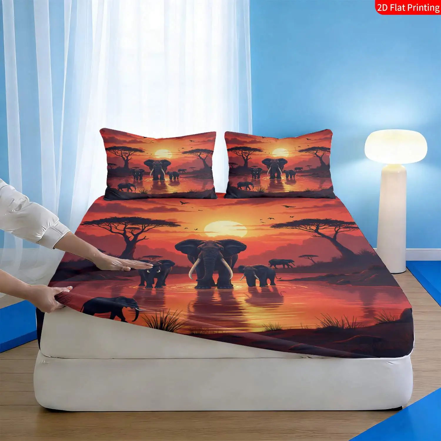 3-Piece Mattress Protector Set, 2D Flat Printed Fitted Sheet, African Wildlife Park Elephants and Grassland Trees, Fitted Sheet with Pillowcase, Mattress Protector, Stain-Resistant, Suitable for All Seasons, Machine Washable, Easy to Care For, Suitable for Home Bedrooms, Essential for Dorms and Rentals, Master Bedroom Decoration, Dust-Proof and Stain-Resistant, High Elasticity, Fits Various Sizes
