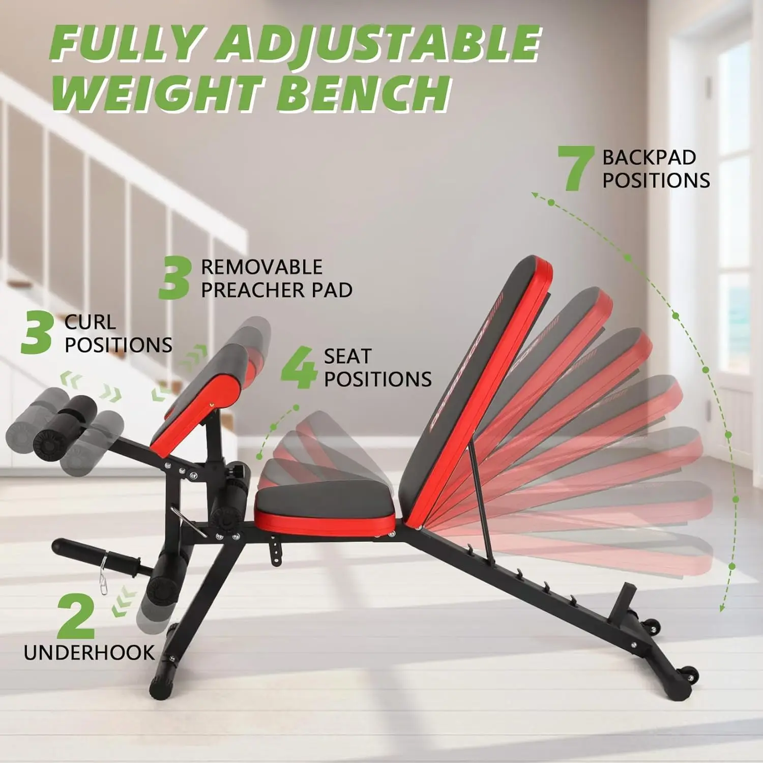 Adjustable Weight Bench, Workout Bench Press with Leg Extension & Preacher Curl Pad, Flat/Incline/Decline Sit-Up Bench