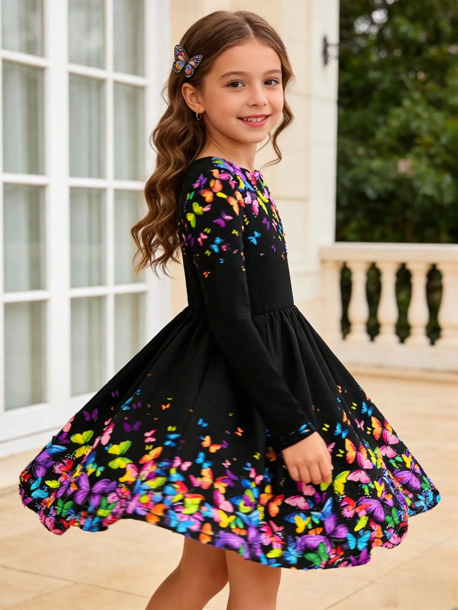 Schwarzes Langarmkleid mit Schmetterlingsmädchen-Motiv, Blumenmuster, Rundhalsausschnitt, Ganzjahres-Freizeitkleid – Detail 5