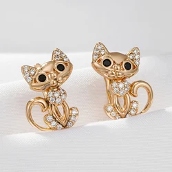 Wbmqda Fashion 585 Rose Gold Color Cute Cat Dangle Earrings For Women Black White Zircon Setting Unusual Animal Ear Drop Jewelry
