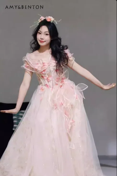 

Luxury Pink Off Shoulder Floral Applique Long Evening Gown Elegant Slim Princess Dress for Prom Birthday Party and Annual Event