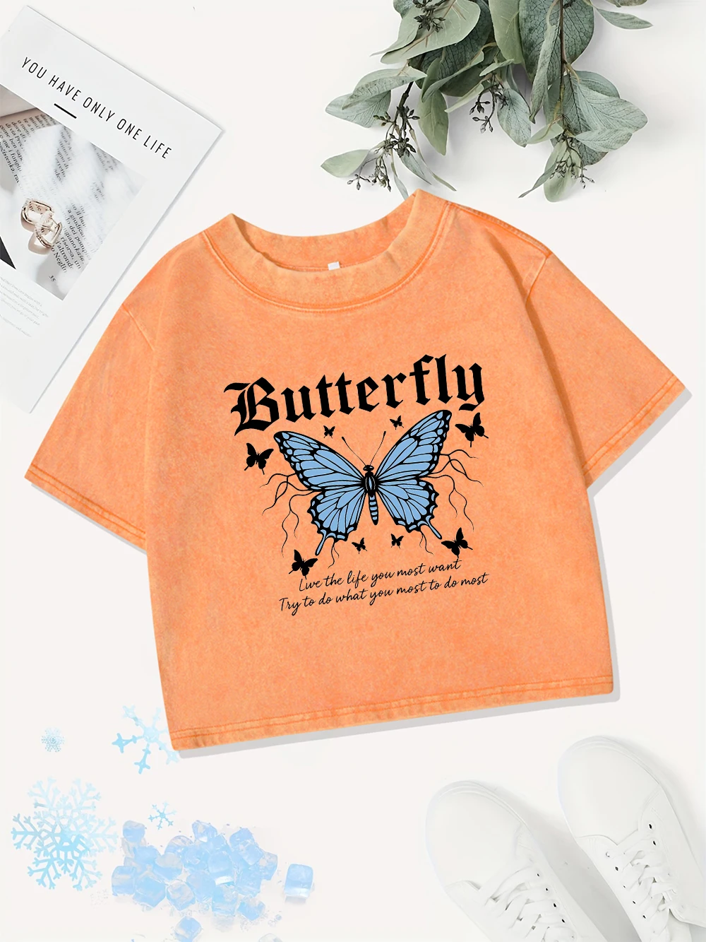 

Summer Cotton Crop Tops Womens Blue Butterfly Printing Washed T-Shirts Casual Regular Fit O-Neck Streetwear Y2K Womans Clothes
