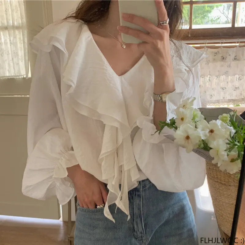 Layer Ruffles Tops Women Korean Style Design Clothes Flare Sleeve Elegant Office Lady White Sweet Girls Basic Shirts Blouses