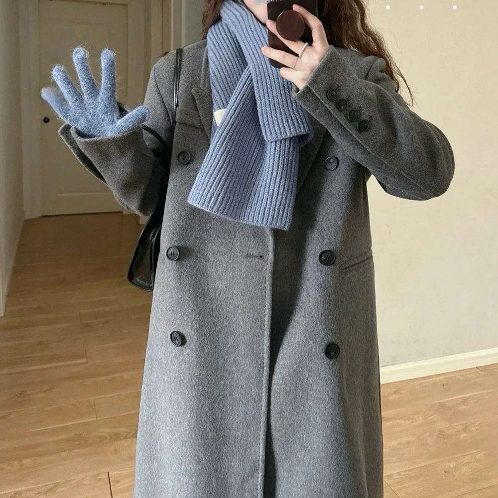 Winter women's thick double breasted extended coat with high-end gray Korean double-sided woolen coat for women