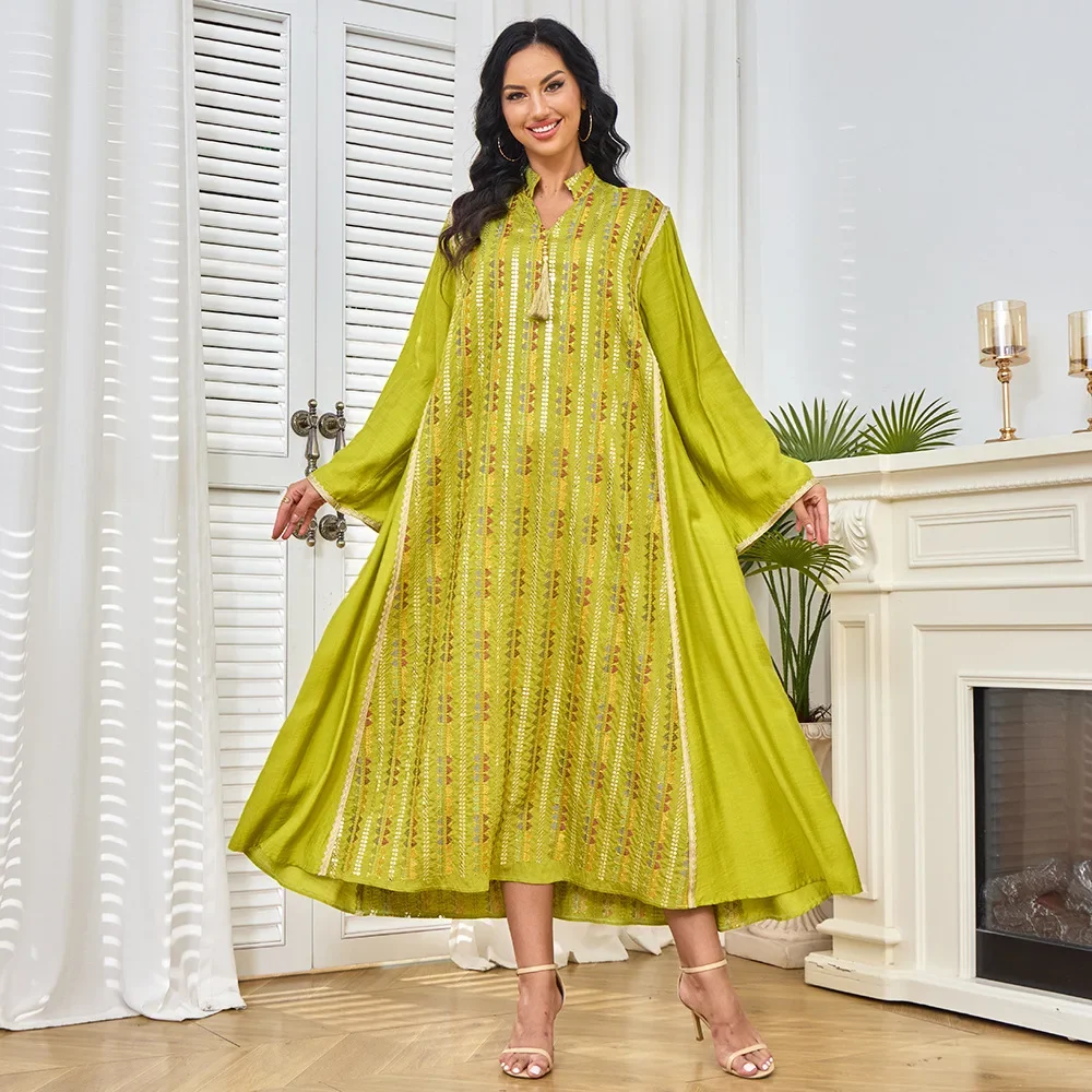 SuperAen Spring New Stand Collar Slim Muslim Fashion Dress Bright Silk Design Diamonds Elegant Pullover A-line Dress