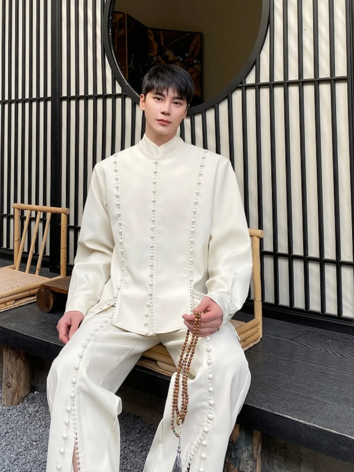 

Новый весенний китайский комплект с пуговицами и воротником-стойкой: женский комплект из двух предметов с широкими брюками и длинными штанами, модный.