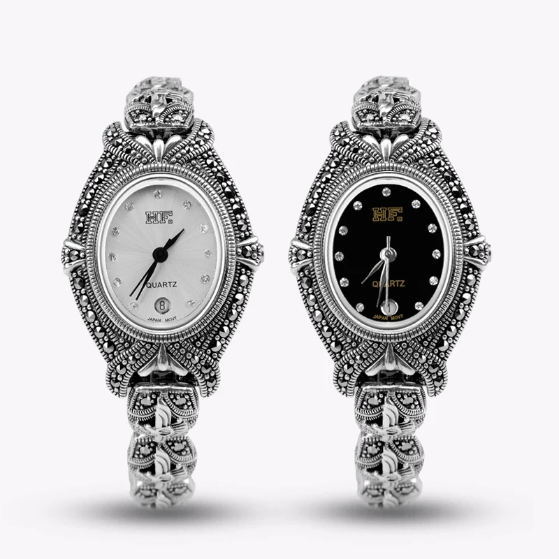 YYSUNNY Retro Women's Marcasite Pave Wrist Watch Fashion S925 Sterling Silver Bracelet for Ladies Birthday Gift Classic Jewelry