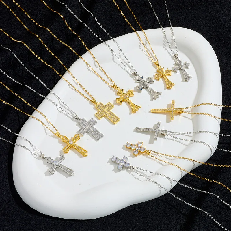 Classic Design Zircon Cross Pendant Necklace Stainless Steel Trendy Geometric Choker Jewelry Party Gifts For Women Girls