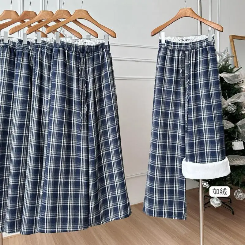 ZHISILAO New Plaid Wide Leg Pants Women Casual Lattice Loose Floor Length Trousers Autumn 2024