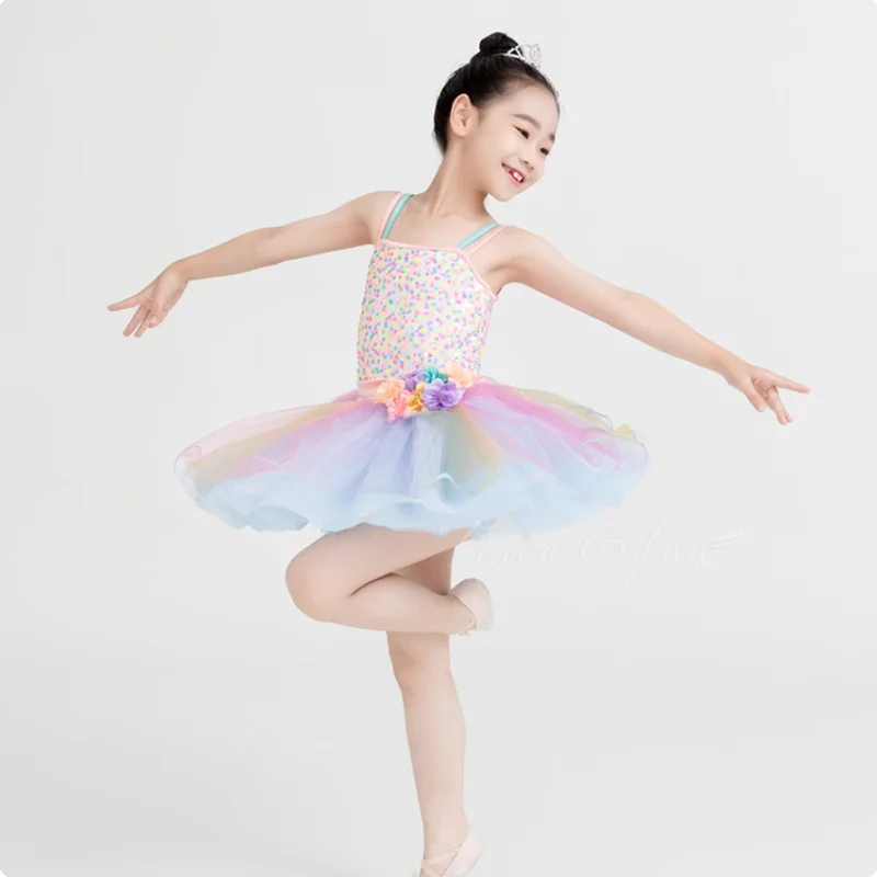 Crianças meninas profissional crianças ballet desempenho collants ginástica tutu bodysuit ballet colorido lantejoulas fio saia estilingue