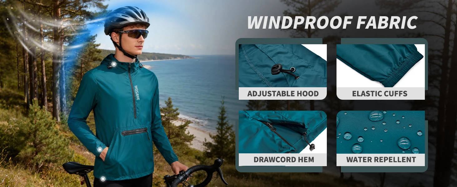 WOSAWE Frühlings-Herren-Fahrrad-Windjacke, wasserabweisend, halber Reißverschluss, Pullover, verstaubar, winddicht, mit Kapuze, Fahrradjacke – Detail 3