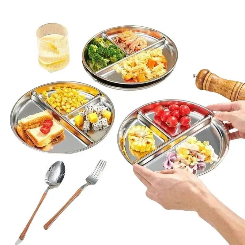 Food Grade Stainless Steel Round Dinner Plate 23CM 3 Grid Durable Serving Tray 1/3Pcs for Outdoor Camping Picnic Use