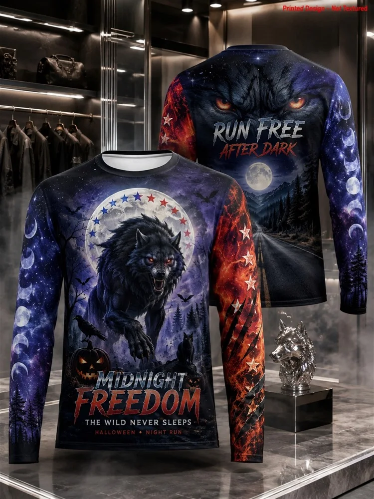 Men's Wolf Stars & Fangs Long Sleeve T-Shirt Halloween Edition Freedom After Dark Moon Lightning Pumpkin Graphic Tops Gift