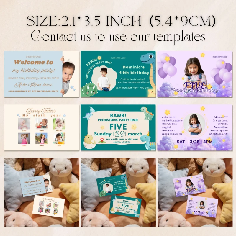 

Дизайн открытки ручной работы на день рождения, индивидуальный шаблон приглашения на детский день рождения с динозаврами, 9x5,4 см, печатная карточка для вечеринки, в стиле доисторических времен