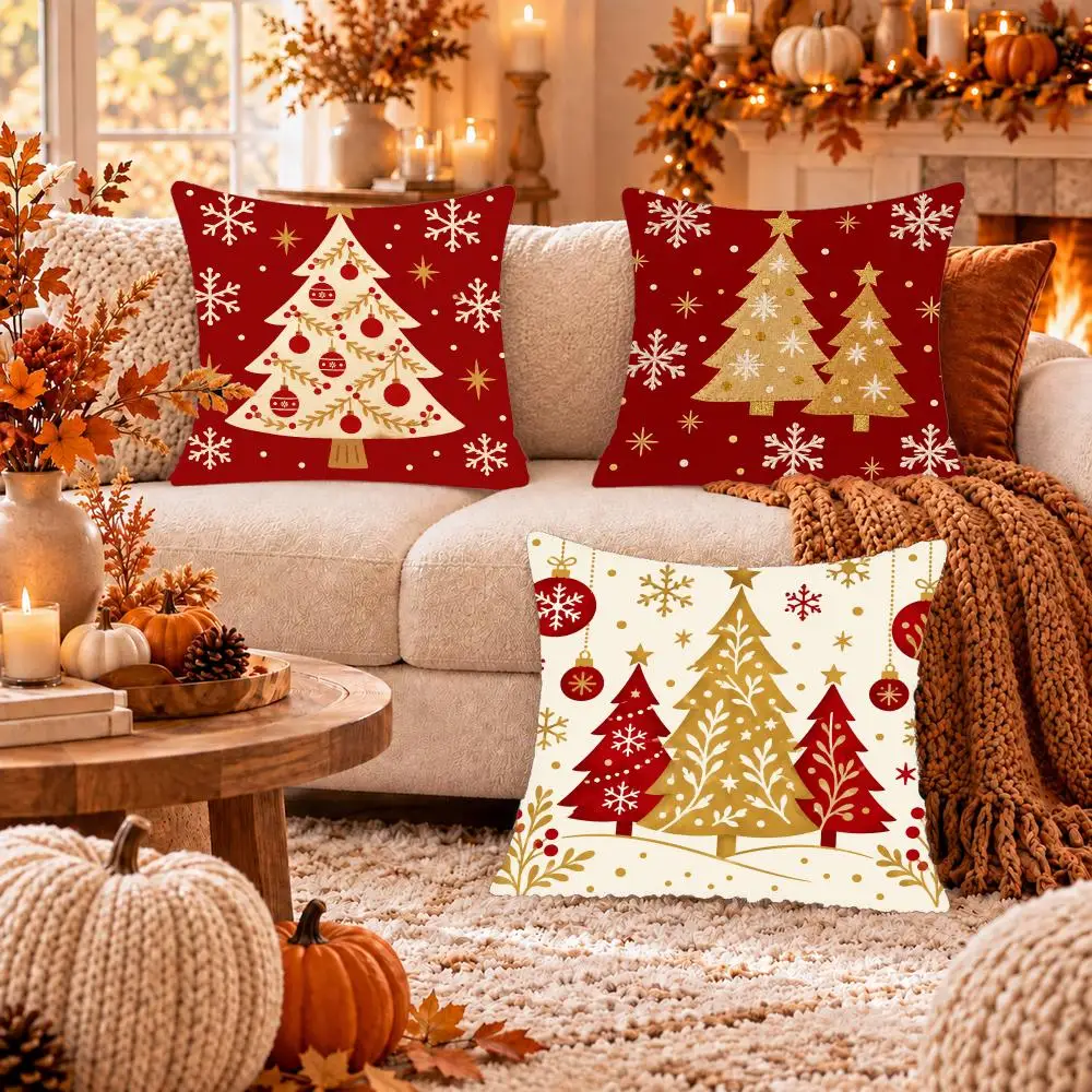 Red Gold Christmas Trees Cushion Cover Soft Short Plush Pillow Cover Smooth Cozy Texture Cushion Case Home Decor