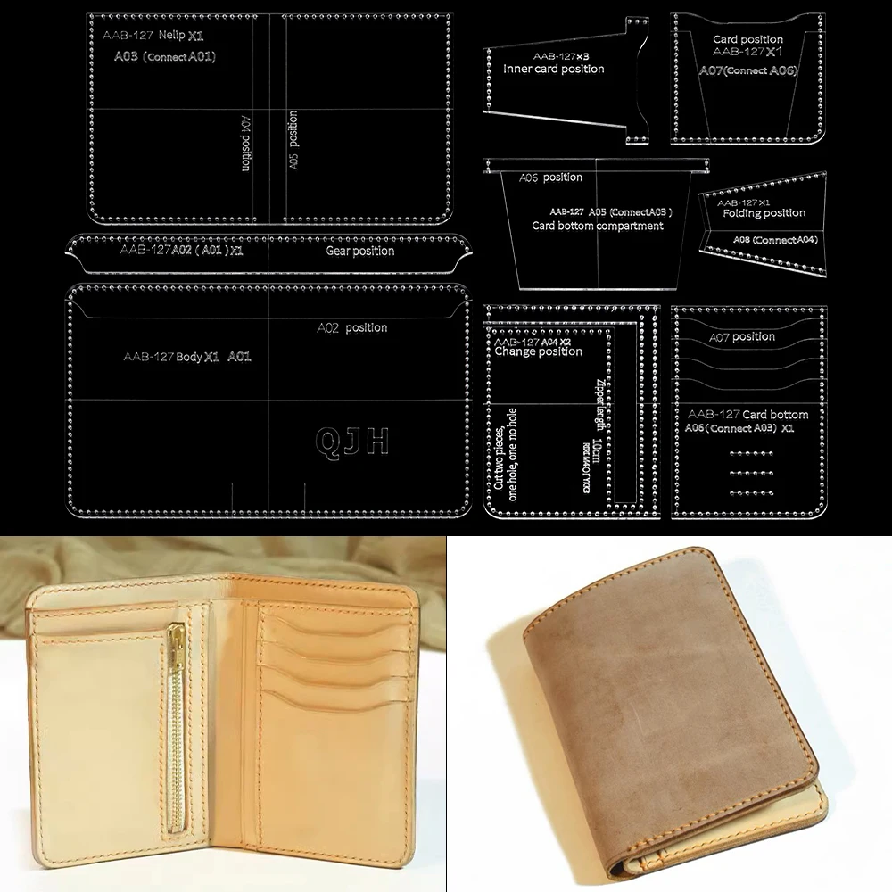 

1 комплект короткого складного портмоне, карточка - акриловый шаблон (многоразовый), шаблон для шитья своими руками из кожи ручной работы с отверстиями