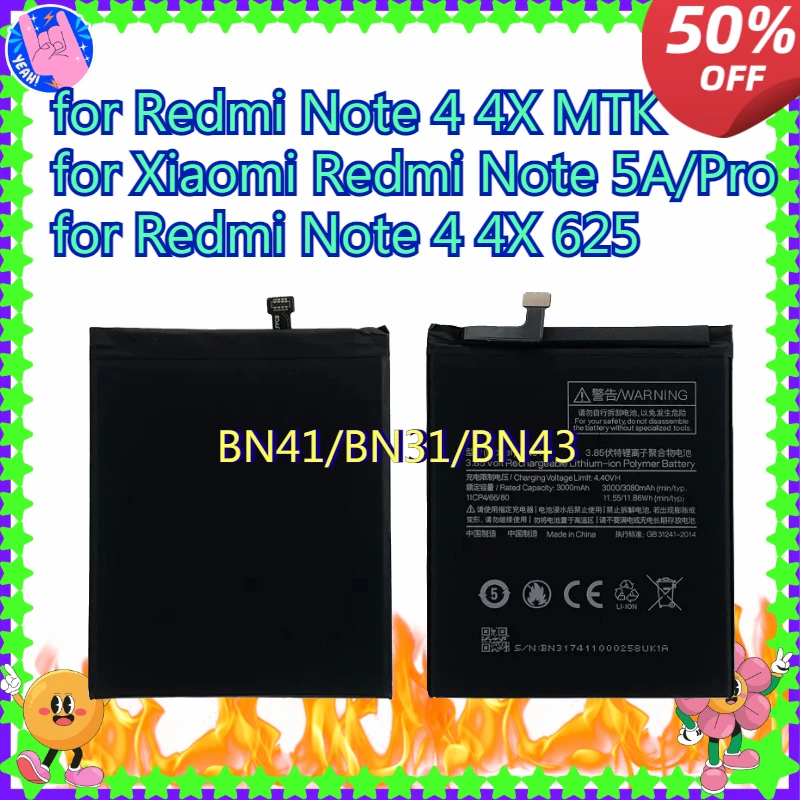 

BN41/BN31/BN43 Mobile Phone Battery for Redmi Note 4 4X MTK for Xiaomi Redmi Note 5A/Pro for Redmi Note 4 4X 625