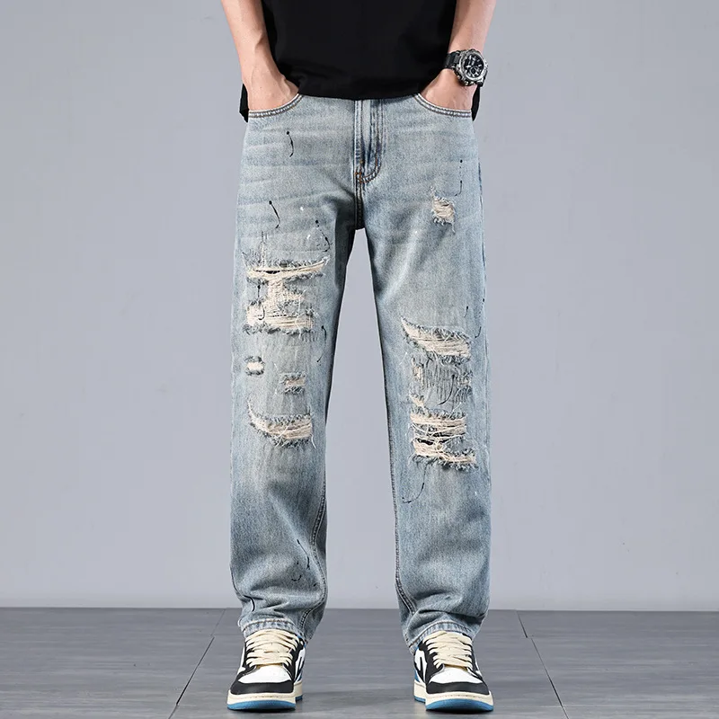 

Autumn new loose straight leg jeans men's simple light colored youth ripped baggy jeans streetwear men clothing